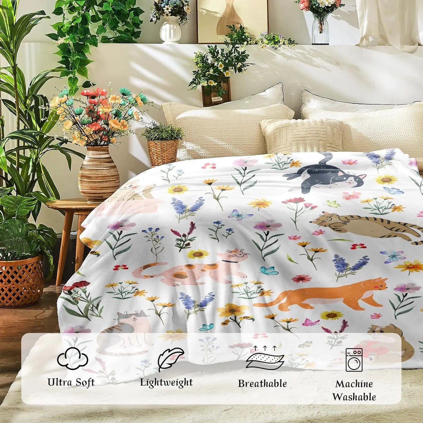 VIKAMA Floral Cat Blanket, Birthday Gift For Mom, Girl, Children, Cat Lovers, Flannel Blanket, Printed Sofa Bed, Chair Blanket