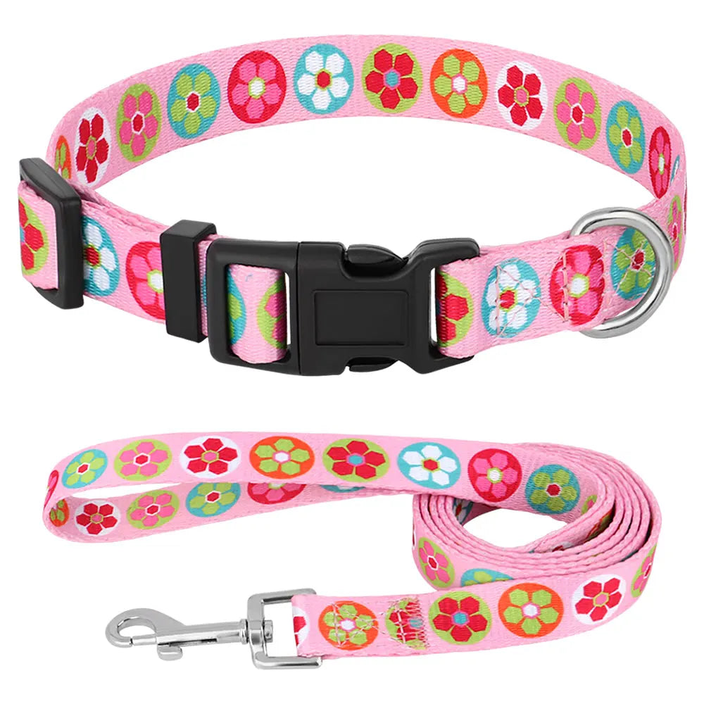 Cute Puppy Dog Collar and Leash Set Adjustable Dogs Cats Printed Collar Walking Lead Leash Chihuahua Collar Necklace Bone Print