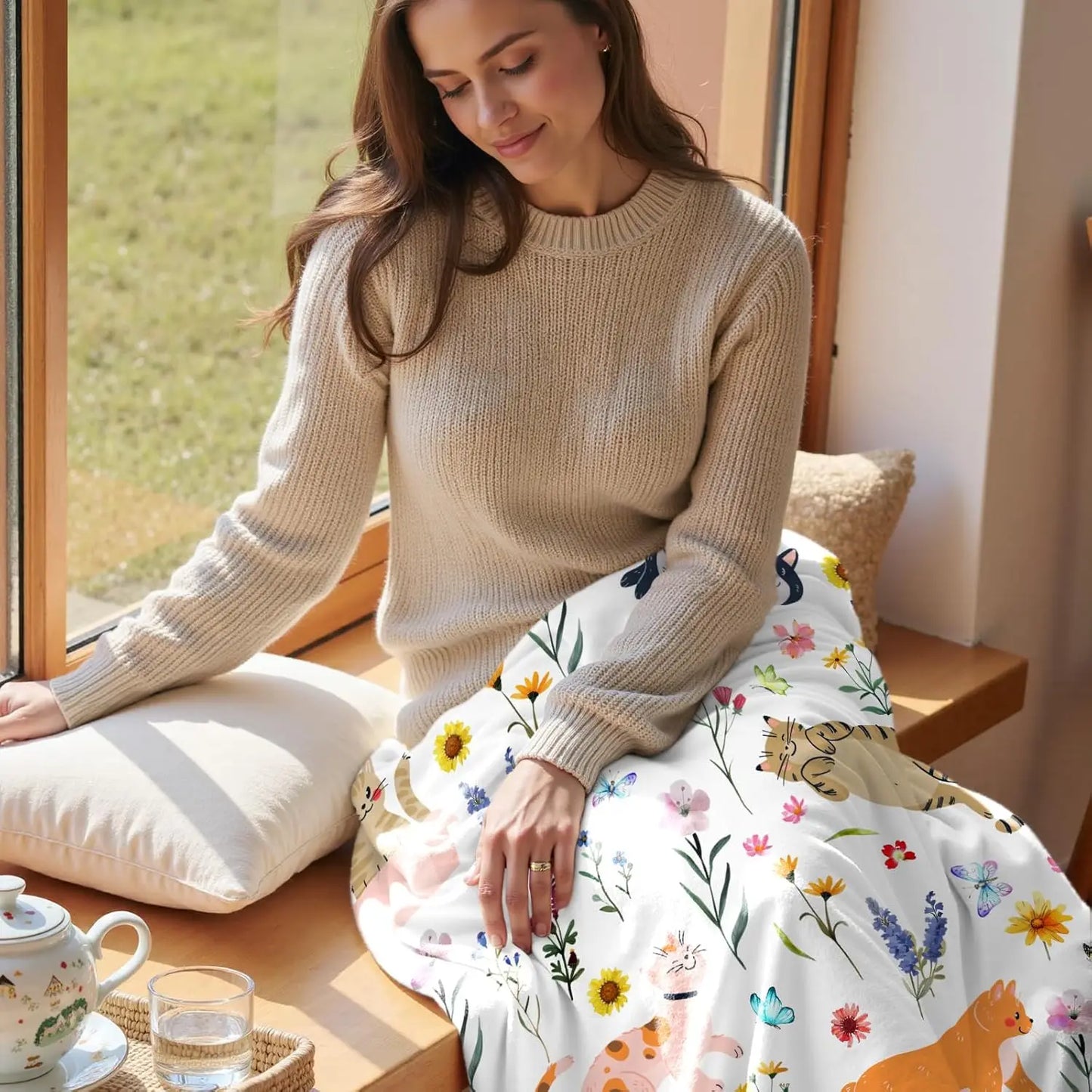 VIKAMA Floral Cat Blanket, Birthday Gift For Mom, Girl, Children, Cat Lovers, Flannel Blanket, Printed Sofa Bed, Chair Blanket