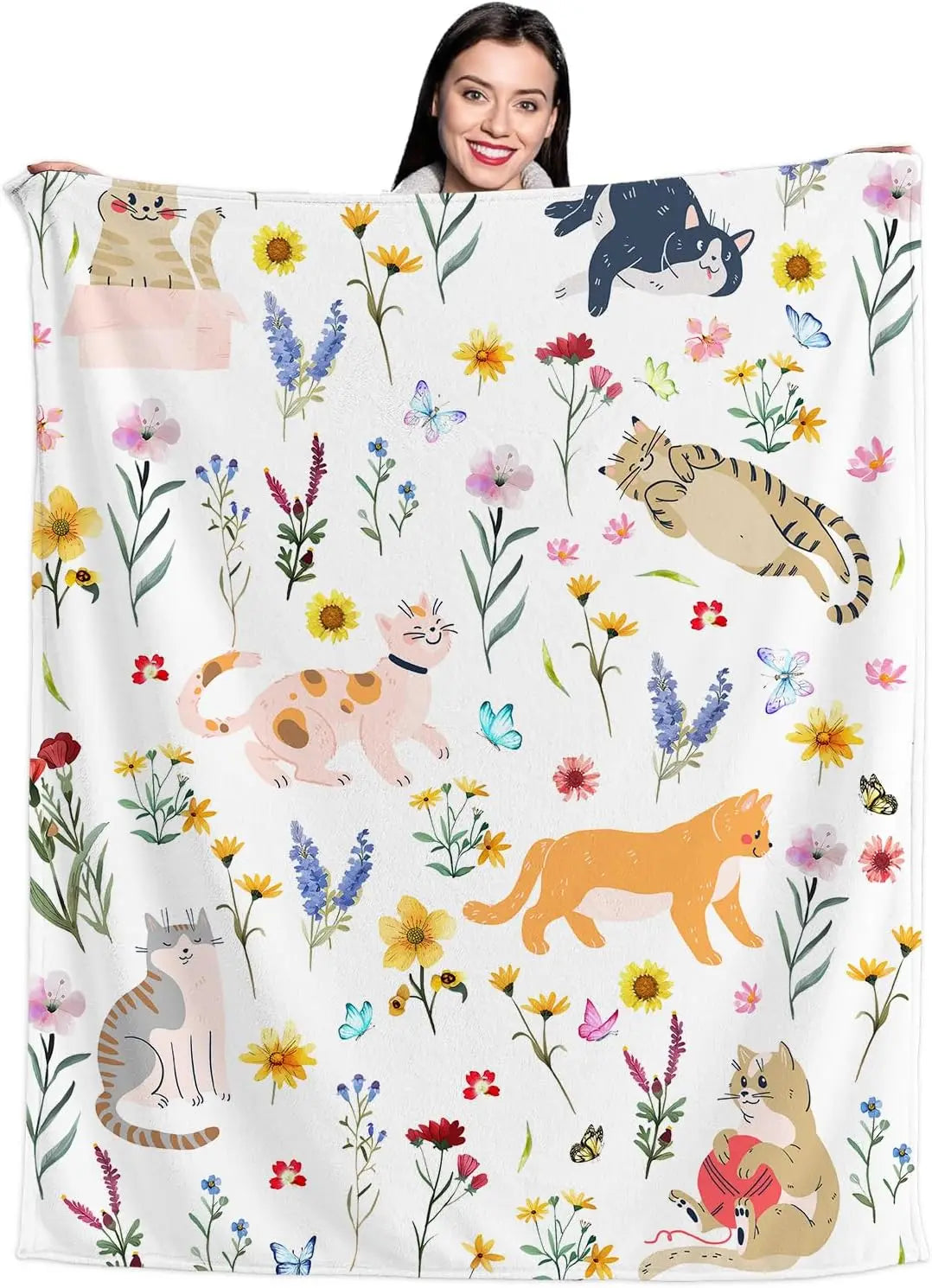 VIKAMA Floral Cat Blanket, Birthday Gift For Mom, Girl, Children, Cat Lovers, Flannel Blanket, Printed Sofa Bed, Chair Blanket