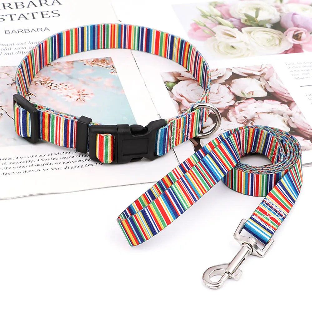 Cute Puppy Dog Collar and Leash Set Adjustable Dogs Cats Printed Collar Walking Lead Leash Chihuahua Collar Necklace Bone Print