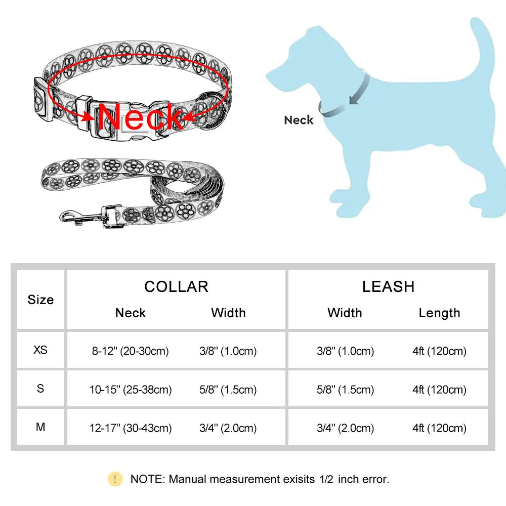 Cute Puppy Dog Collar and Leash Set Adjustable Dogs Cats Printed Collar Walking Lead Leash Chihuahua Collar Necklace Bone Print