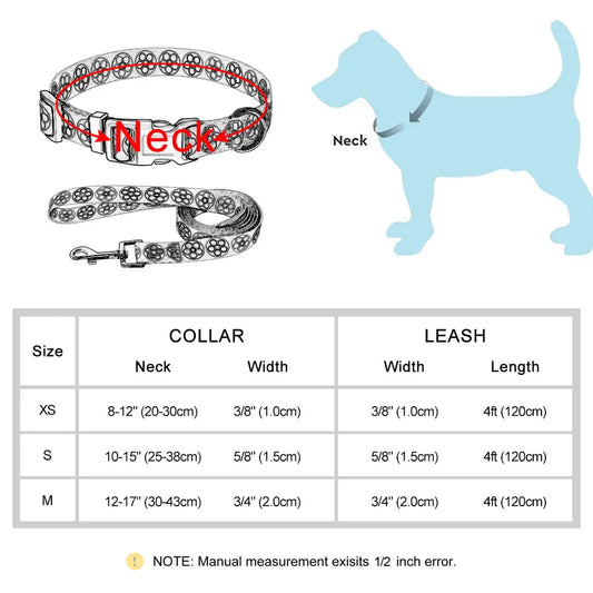 Cute Puppy Dog Collar and Leash Set Adjustable Dogs Cats Printed Collar Walking Lead Leash Chihuahua Collar Necklace Bone Print